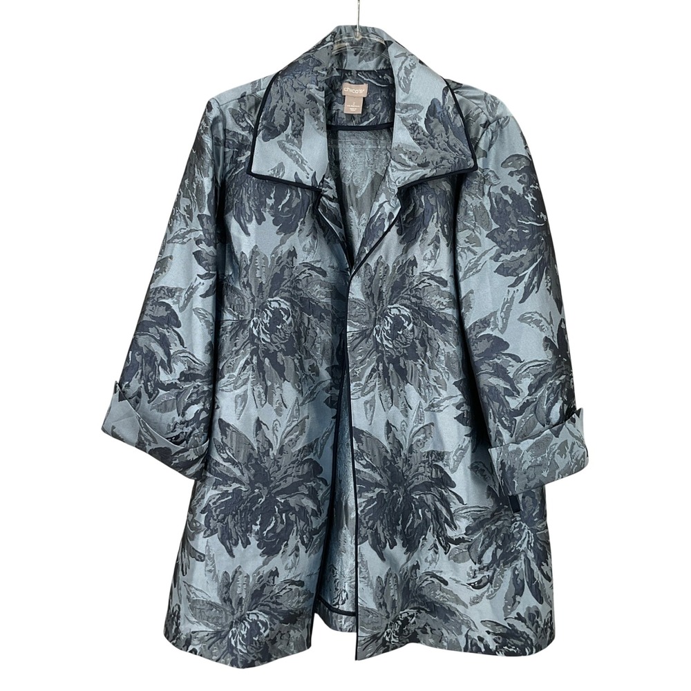 Chico's Floral Jacquard Topper Jacket Womens L Blue Metallic Brocade Classic Art
